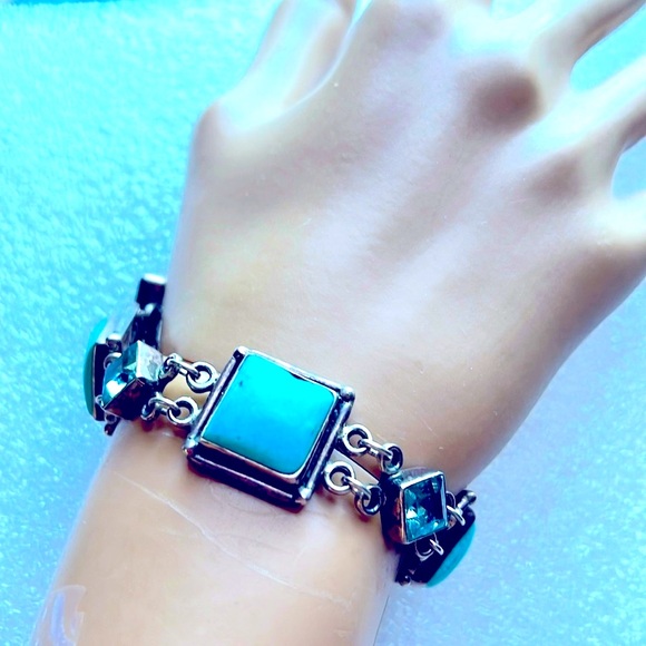 Turquoise Aqua bracelet vintage sterling silver toggle clasp adjustable India - Picture 1 of 4